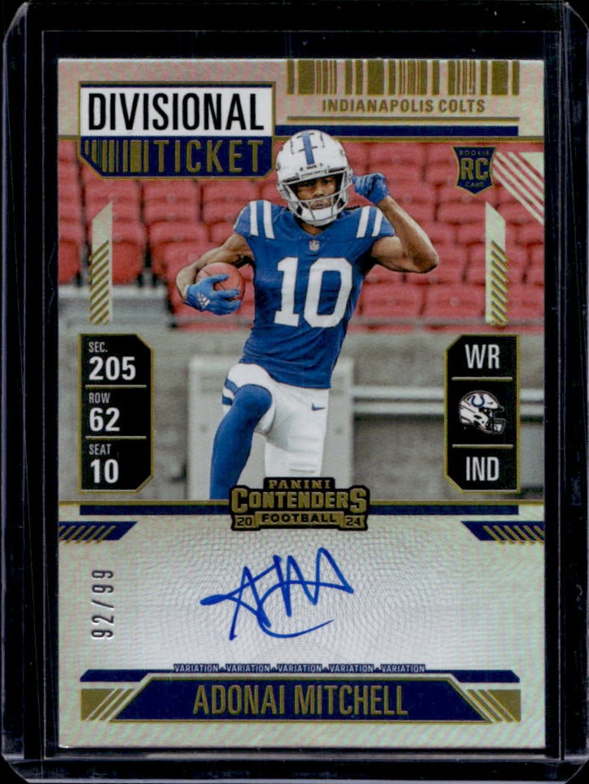 2024 Contenders Adonai Mitchell Rookie Ticket Variation Auto Divisional VAR #/99