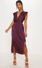 Pretty Little Thing Size 12 Frill Sleeve Satin Dress EUC Luxury Midi