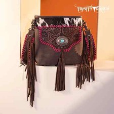 Trinity Ranch Hair-on Cowhide Floral Tooled Concealed Carry Crossbody Bag - Coff