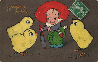 PC EASTER, HEUREUSES PAQUES, Vintage EMBOSSED Postcard (b31170)