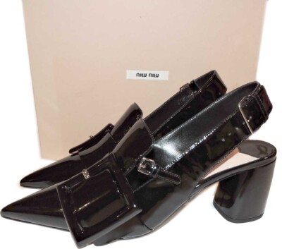 Miu Miu-Prada Sandals Black Patent Leather Buckle Shoes Slingbacks 39.5 Block He