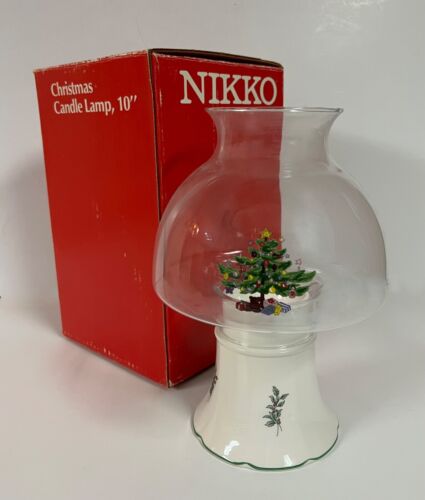 Vintage Nikko Glass Ceramic Hurricane Candle Lamp Christmas Tree Pattern 1970s  - Picture 1 of 6
