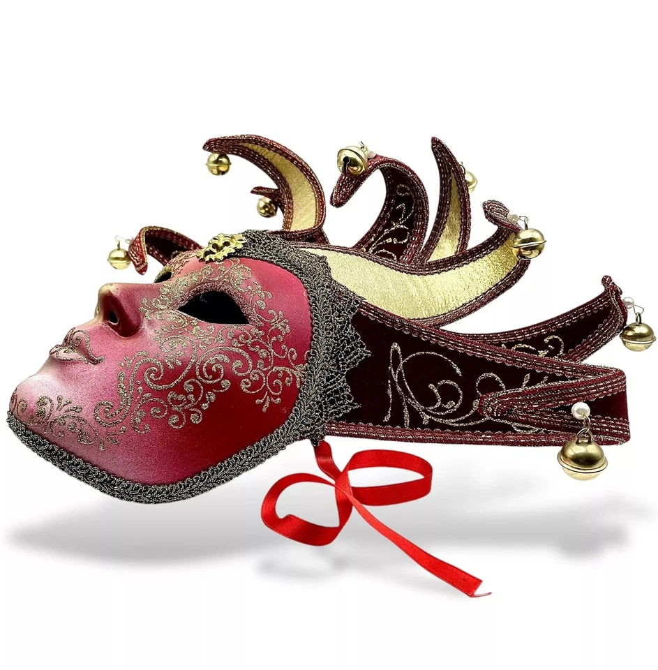 Venetian JESTER MASK LEO Lady Masquerade Mardi Gras Red Gold Lion Italy - Image 3 of 4