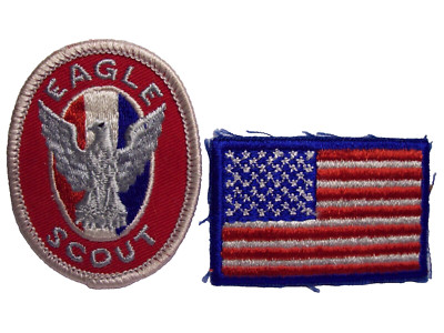 Vintage B.S.A. Pfadfinder gewebtes Abzeichen Aufnäher x 2 - ADLER SCOUT und USA FAHNE um 70er Jahre