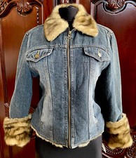 Nwt Vintage Y2k Giacca Penny Lane Denim Jacket Brown Faux Fur Trim Small