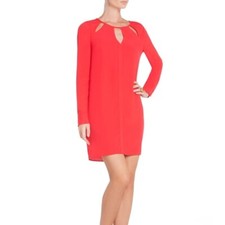 BCBG Max Azria Dress XS Bright Red Cut-Out Neckline Long Sleeve Mini Shift