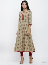 Indian Traditional Women's Cotton Blend Floral Print Anarkali Kurta Beige Colour