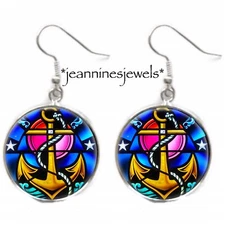 Anchor Earrings FAUX Stained Glass Art Print Nautical Coastal Living Jewelry