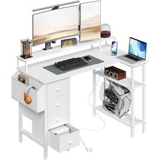 120cm L-shaped Computer Desk with Charging Station, Drawers, Monitor Stand White