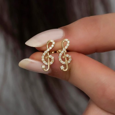 Lab Created Diamond Treble Clef Stud Earrings 14k Gold Plated Music Note Jewelry