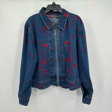 Womens Y2K Vintage Embroidered Denim Jacket Size L Floral Boho Cottagecore