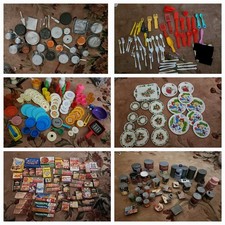 Huge Lot Vtg Play Kitchen Pots Utensils Plates Food Plaatic Tin Cardboard  More