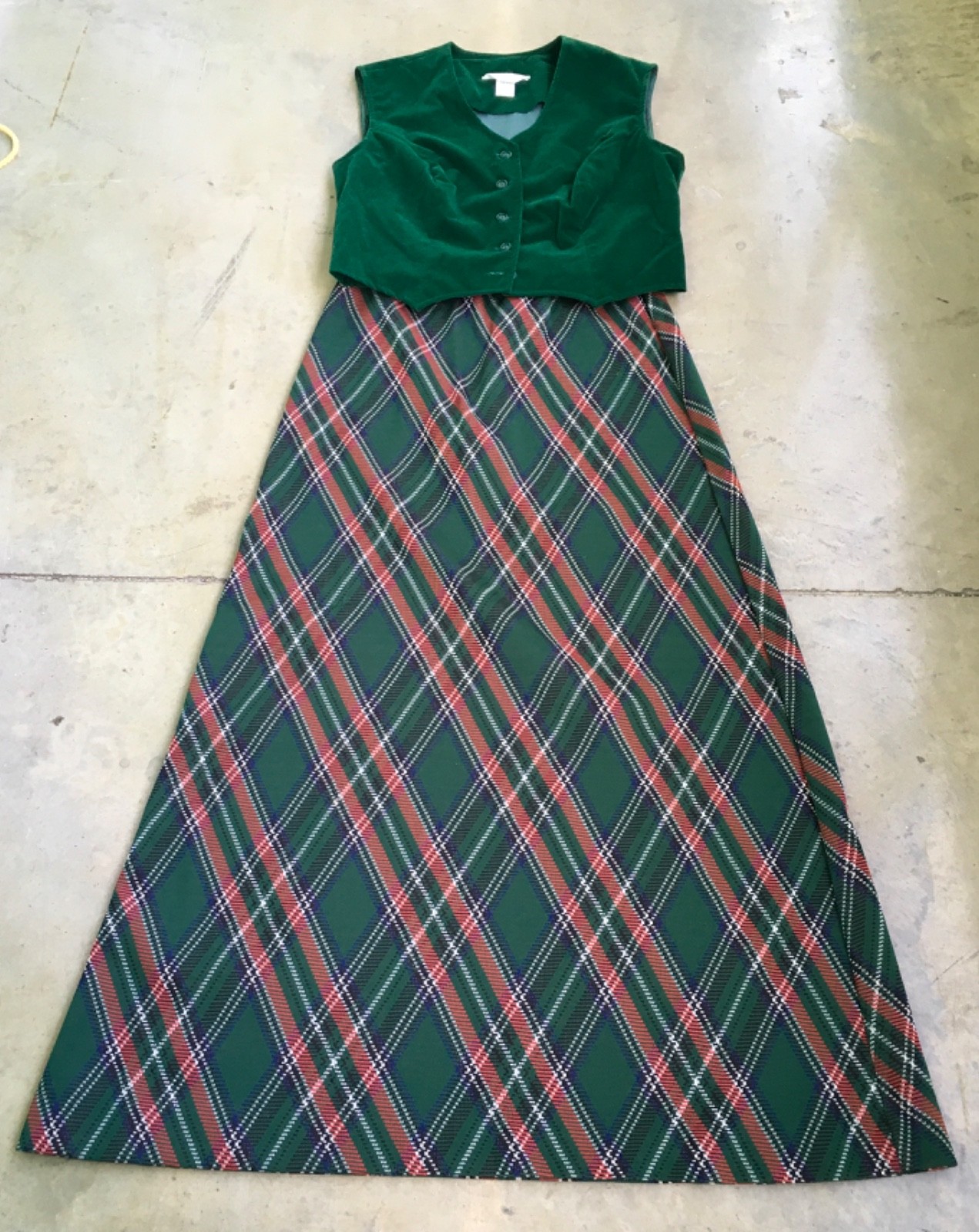 Sears Fashion USA Womens 16 Maxi Skirt Set 70s Tartan Plaid Matching Velvet Vest
