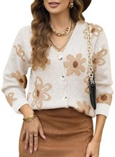 VNeck Floral Oversized Fuzzy Cardigan for Women White Small, Long Sleeve