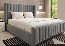 Image of Double Grey Velvet Upholstered Bed Frame, Solid Wood Slats, Modern