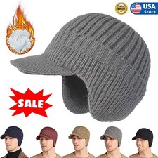Winter Beanie with Brim and Ear Flaps for Men, Knitted hat with Fleece Lining US