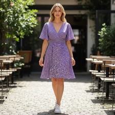 SHEIN Women Purple Floral Ditsy V-Neck Butterfly Sleeve Smocked Mini Dress Sm
