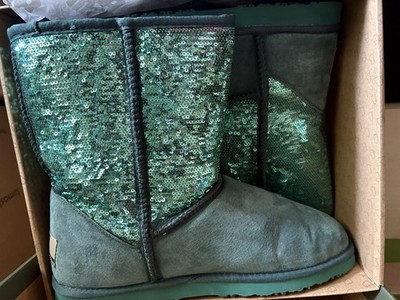Lamo 11M Green Suede Sequin Boots Pull On Faux Fur Lining Women s New Eagles