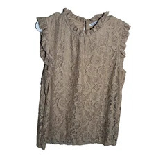 Notations Blouse Women's Large Beige Lace Sleeveless Round Neck Tank Top