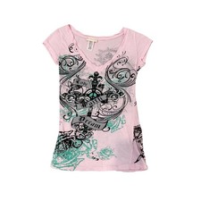 Vintag Y2K McBling Graphic Tee Pink Cross Rose Tattoo USA Made SMALL In Style