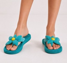 Susie Moonlite Plush Floral Slide Slippers Aqua Blue Soft Cozy House Shoes M 7/8