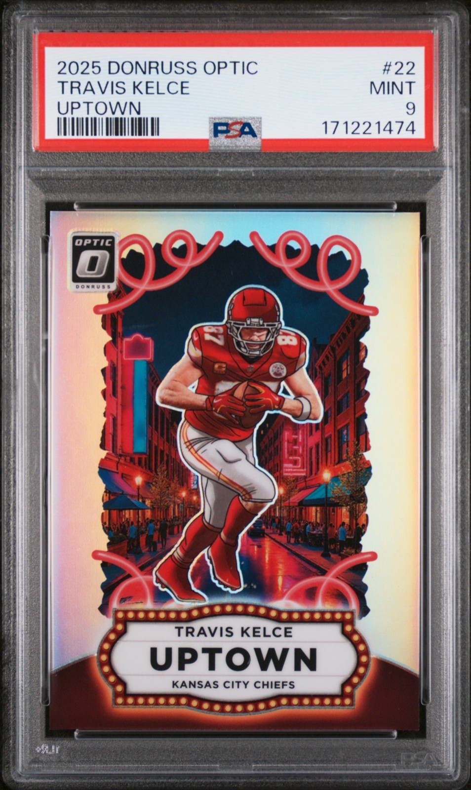 TRAVIS KELCE 2025 PANINI DONSRUSS OPTIC UPTOWN CARD PSA MINT 9