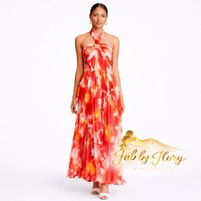 Halston Red Orange Floral Pleated Chiffon Halter Gown Dress Size 12 MSRP $1096