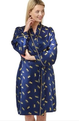 Indigo Sky Luxus Marine Gold Leopardenmuster Satin Kimono/Morgenmantel/Wickel