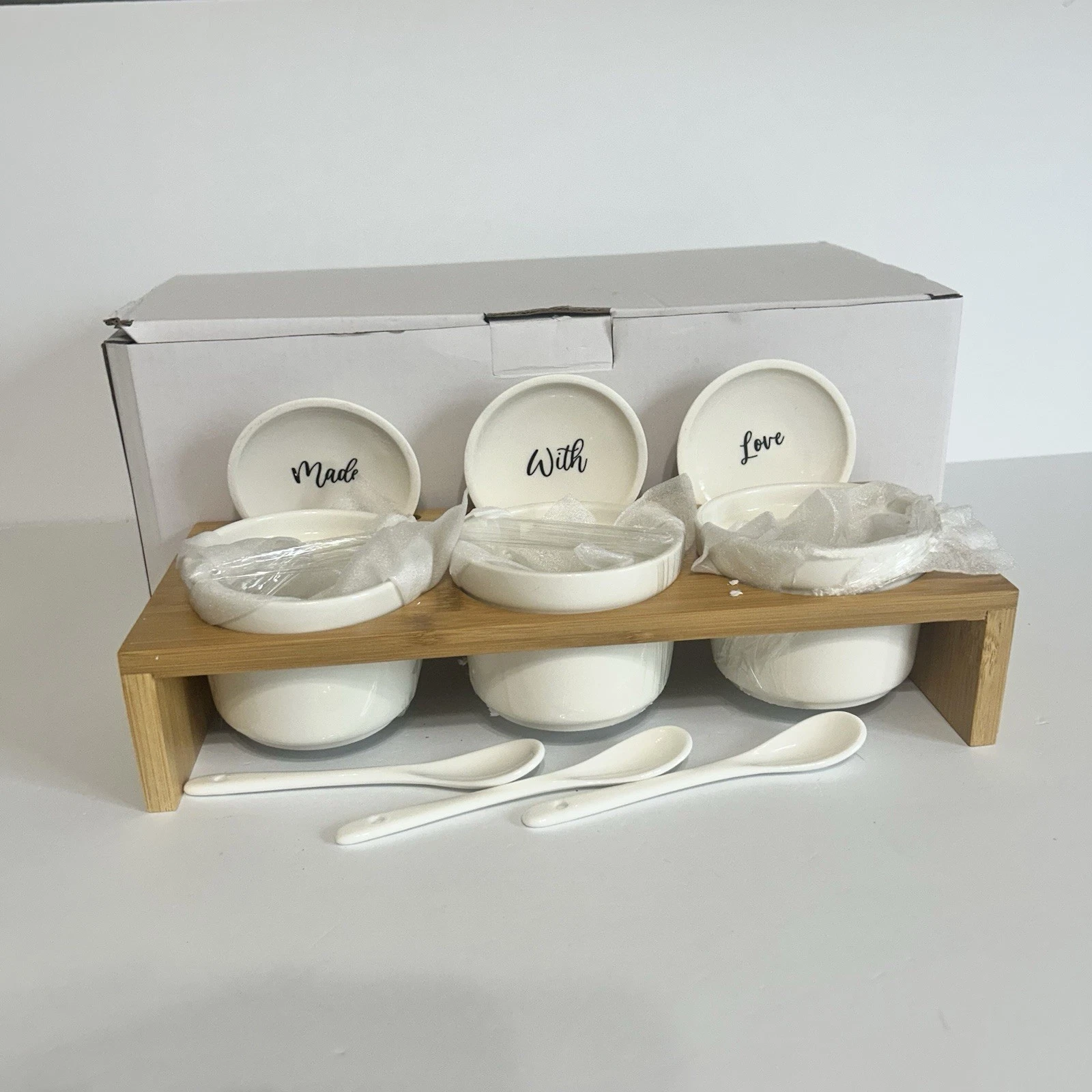 Ceramic Condiment/ Spice Jar Set Made With Love 3 Jars Bamboo Stand & Spoons