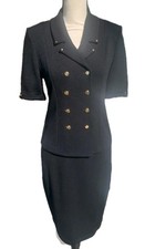 St John Collection Marie Gray Santana Knit Jacket Skirt Suit Black Sz 4 Gold Btn