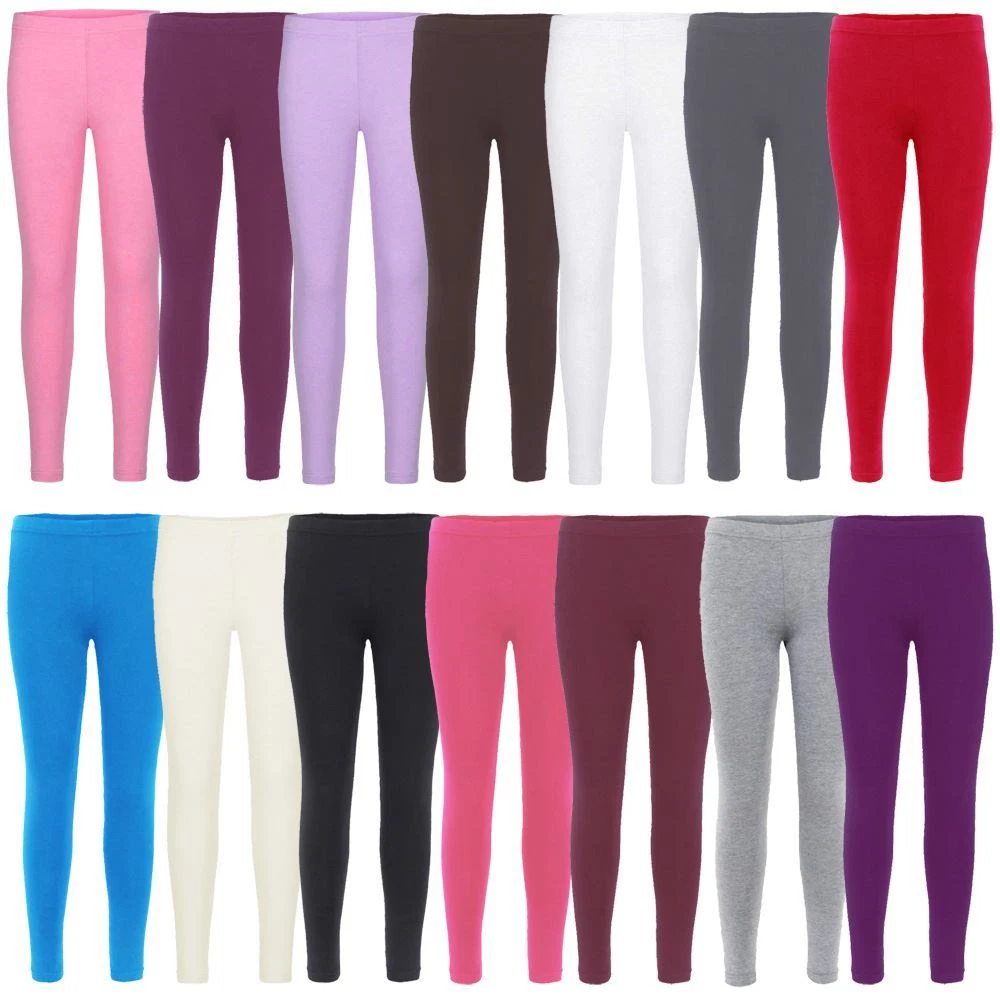 Girls Basic Plain Cotton Full Length Stretchy Leggings Kids Children Teen  3-13Y