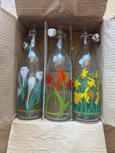 Vintage Lillian Vernon Floral Glass Bottles Set of 3 Original Box BRAND NEW RARE - Picture 7 of 17
