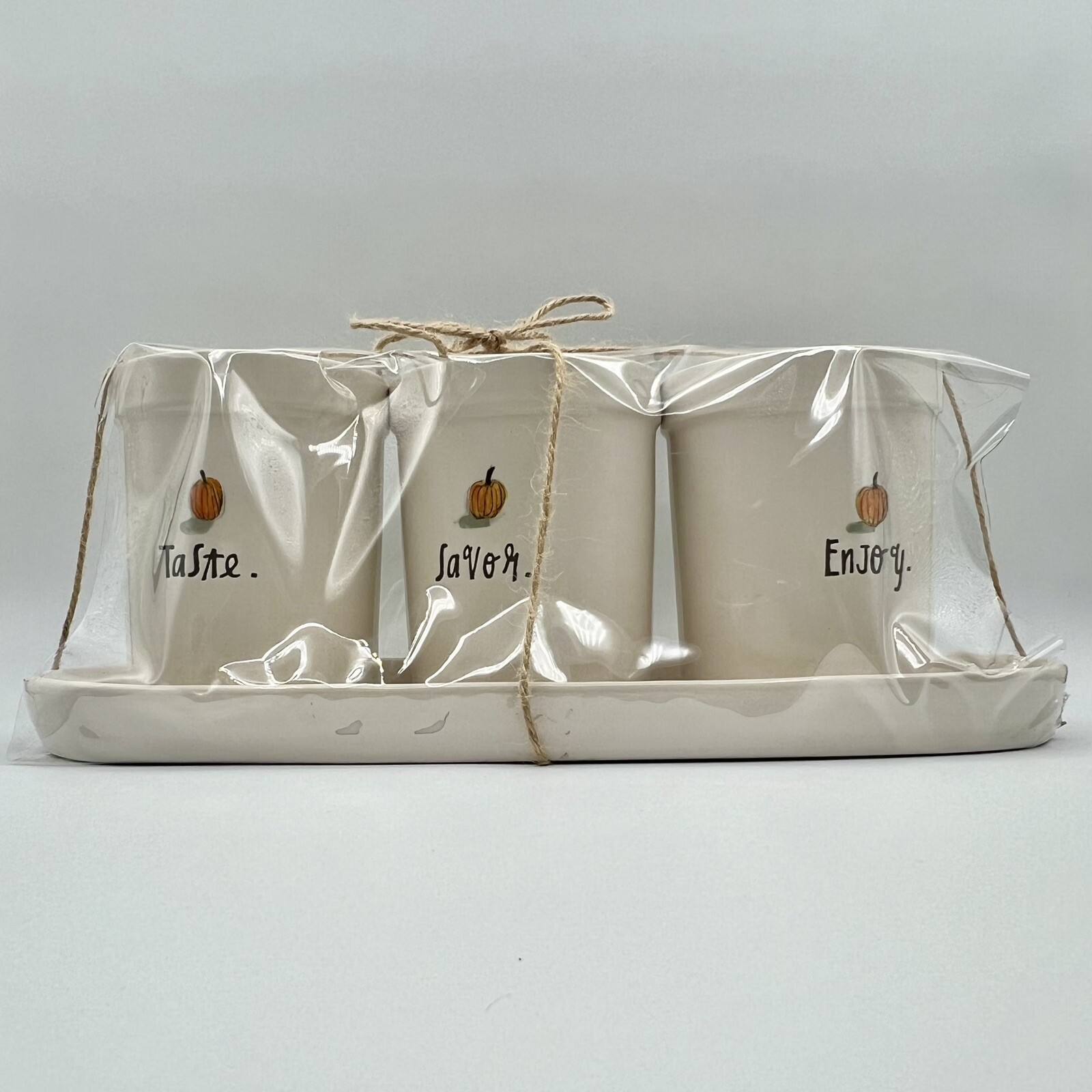 Rae Dunn Taste Savor Enjoy Utensil Holder Crocks and Tray Set Pumpkin Art Autumn