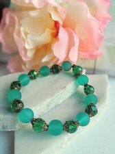 Handcrafted Sea Glass Bracelet, Ladies Stretch Bracelet, Beaded Chain Bangle