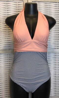 NWT Cupshe Womens One Piece Swimsuit Size Large, Peach Striped Black White Low