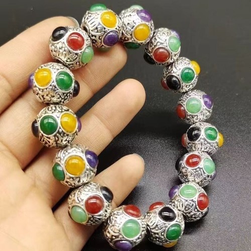 Altes Tibet Silber Schnitzerei Blume Intarsien Rot Grün Schwarz Jade Silber Armband - Bild 6 von 7