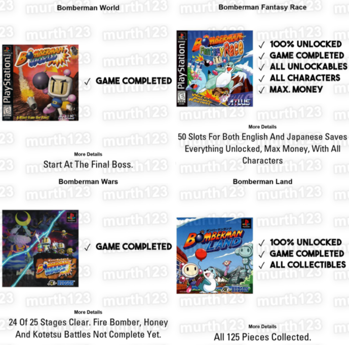 Bomberman World Wars Kart Land Battle PSX PS1 PS2 Memory Card 100