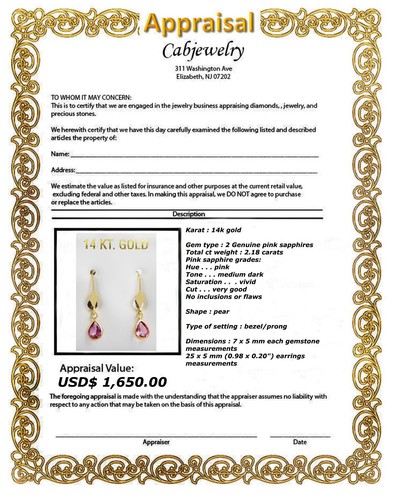 GENUINE 2.18 Ct PINK SAPPHIRE DANGLING EARRINGS 14k GOLD - Free Appraisal - NWT - Picture 4 of 4