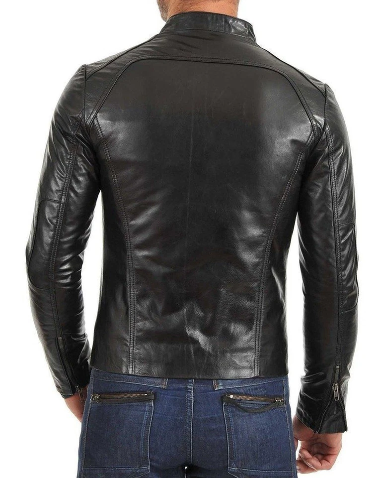 Men's Leather Jacket Biker Motorcycle Coat Black Slim Fit Outwear Jackets - 6 - Image 2 of 4