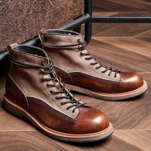 Mens Retro Lace Up Round Toe High Top Boots Motorcycle Cowboy Leather Shoes - Afbeelding 1 van 15