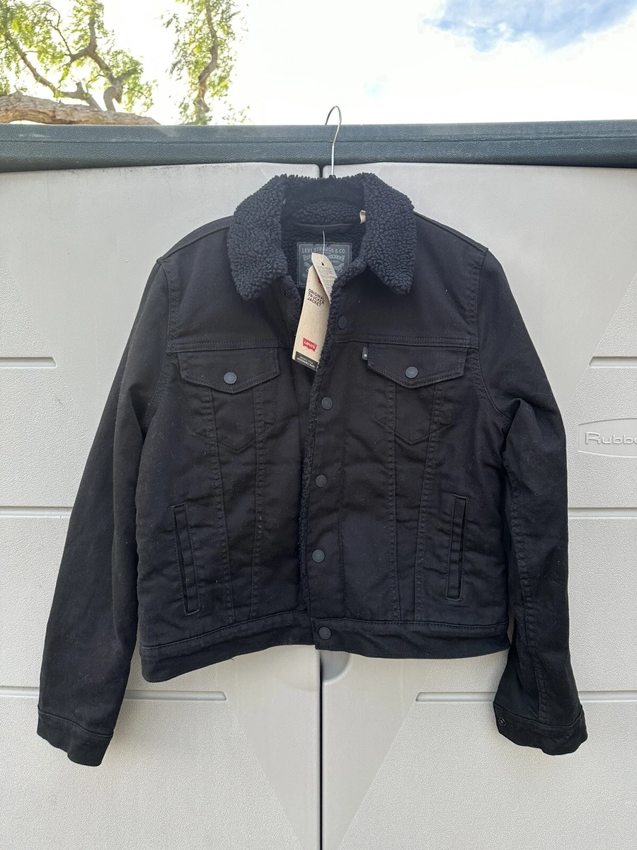 Levi s Premium Black Ex Boyfriend Pieced Sherpa Lined Trucker Denim Jacket Sz M