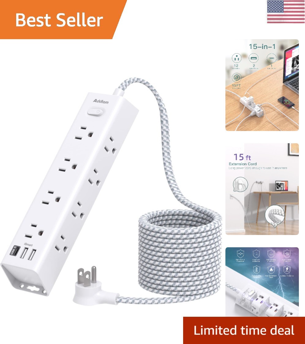 15FT Extension Cord - Power Strip Surge Protector, Long Cord with 12 Widely A...-image