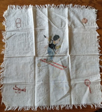 Estate Vintage Cotton Scarf Hand Painted Fringe Skier Borromean Rings Beret