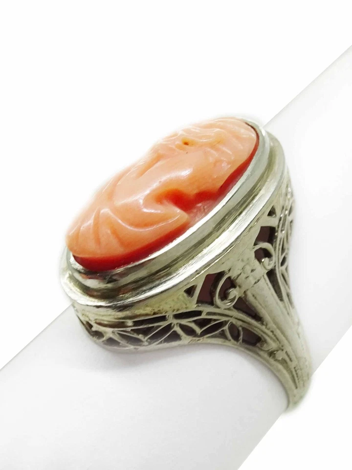 Anillo Filigrana Camafeo Coral Salmón Oro Blanco 18k Talla 5.75 Foto 3 de 4