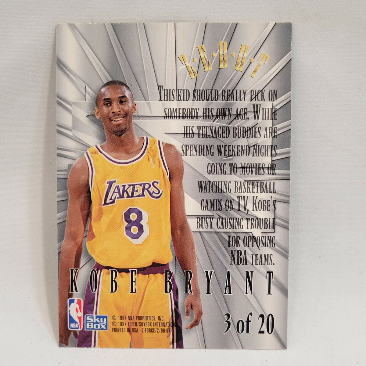 1996-97 Skybox Z-Force Kobe Bryant Zebut Rookie Card RC #3 1996-97 Skybox Z-Force Kobe Bryant Zebut Rookie Card RC #3
