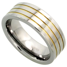8mm Tungsten Flat Wedding Band Ring w/ 3 Gold Tone Grooves, High Polish Finish
