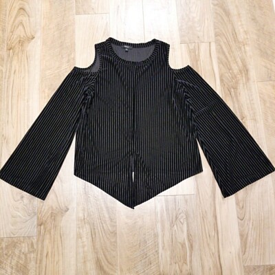 Very J Black Raised Velour Striped Cold Shoulder Top S Mesh Bell Sleeve High Low