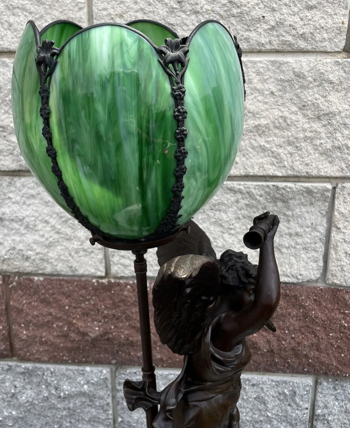 Antique Angel Oil Lamp Converted To Electric W/large Slag Glass Shade