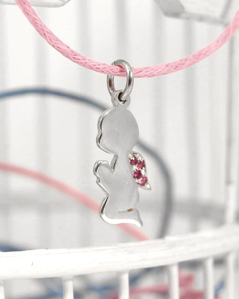 Ciondolo Angelo Custode argento 925 ali zaffiri rosa angioletto girocollo donna - Immagine 2 di 3