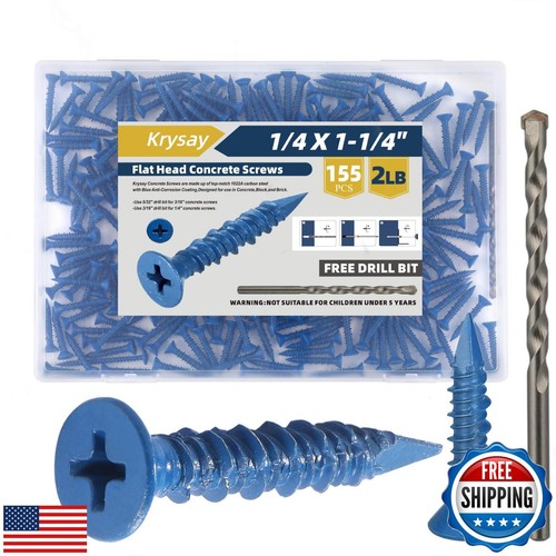 Krysay 155Pcs 1/4 x 1-1/4 in Concrete Screws with Drill bits,Masonry Screws f